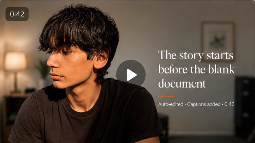 Finished 42-second video ready for review, titled 'The story starts before the blank document', auto-edited with captions added.